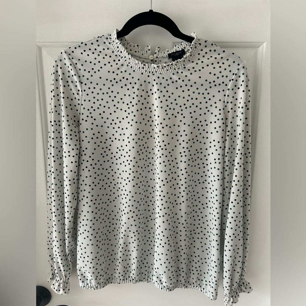 Ann Taylor white top with navy and green polka dots